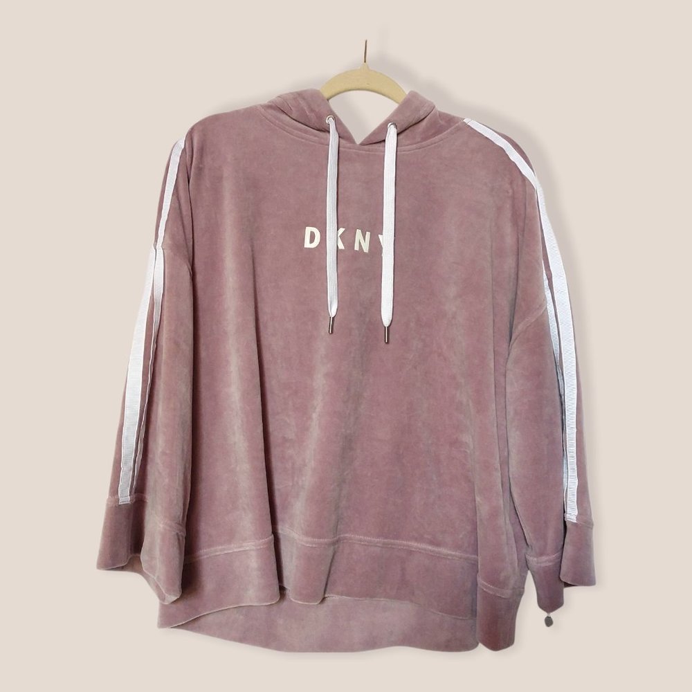 DKNY Sport Logo Bell-Sleeve Velour Cropped Hoodie Pink XL